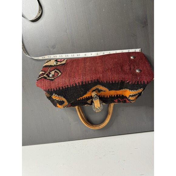 Vintage Kilim Tapestry Handbag Handwoven Wool Purse w/ Leather Handles